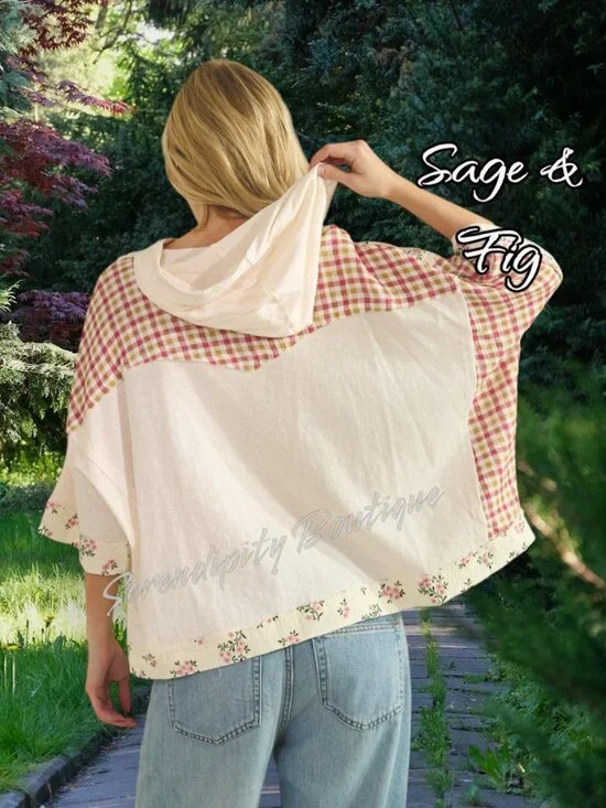 Sage & Fig 100% Soft Cotton Gauze Daisy Plaid Patchwork Boho Girly Hoodie Top - Picture 4 of 11